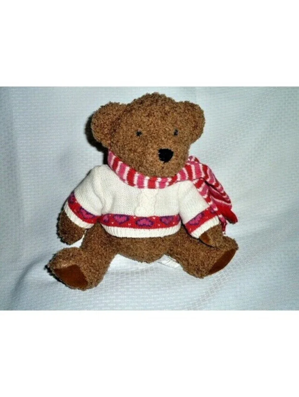 GYMBOREE TEDDY BEAR Plush Toy Brown White sweater red heart stripe scarf 13